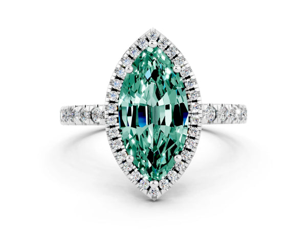 Silver Marquise Cut Green Sapphire Classic Halo Engagement Ring with Round Pavé Band and Prong Setting