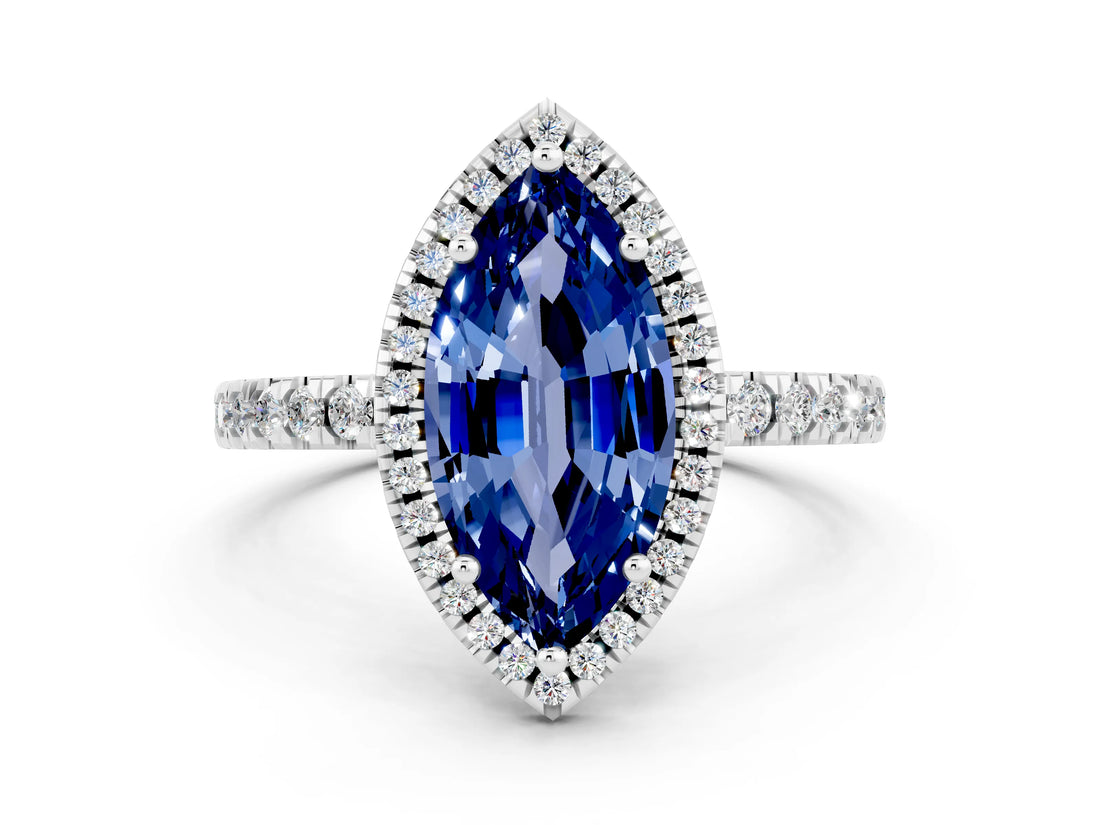 White gold Marquise Cut Halo Diamond Pave Band with Prong Setting