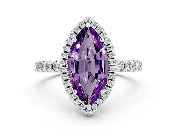 Platinum Marquise Cut Amethyst Classic Halo Engagement Ring with Round Pavé Band and Prong Setting
