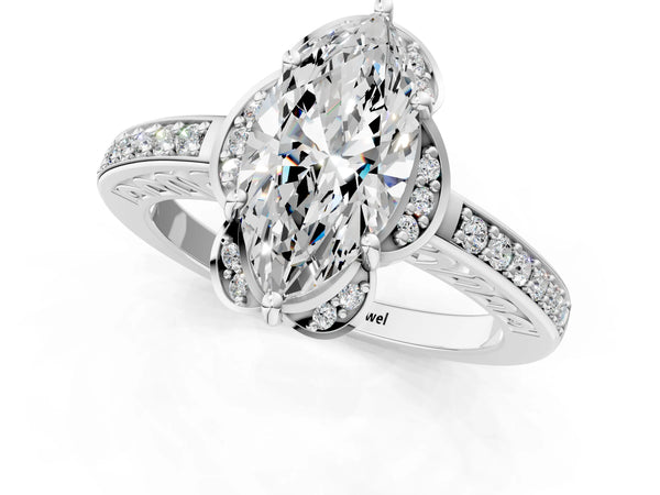 Platinum Marquise Floral Engagement Ring Setting with Petal Accents, Pave Band and Scroll Openwork