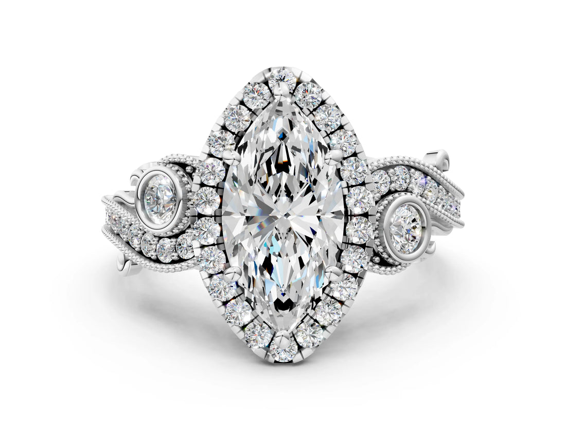 White gold Marquise Cut Halo Diamond Ring with Milgrain and Bezel Accents on a Split Shank Band_15
