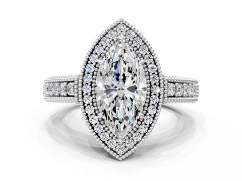 White gold Marquise Cut Halo Diamond Ring with Pavé Band and Four-Prong Setting_62