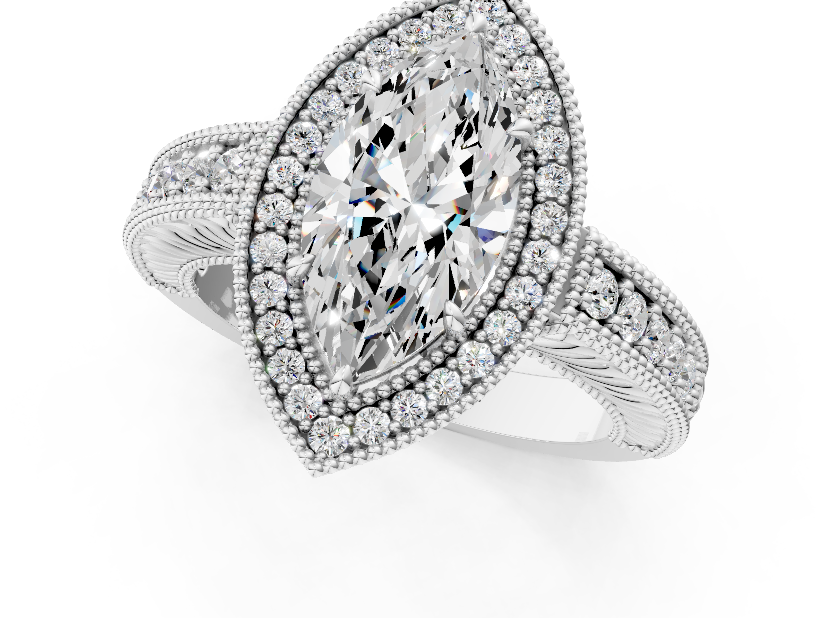 White gold Marquise Cut Halo Diamond Ring with Pavé Band and Four-Prong Setting_63