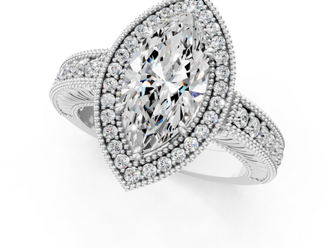 White gold Marquise Cut Halo Diamond Ring with Pavé Band and Four-Prong Setting_63