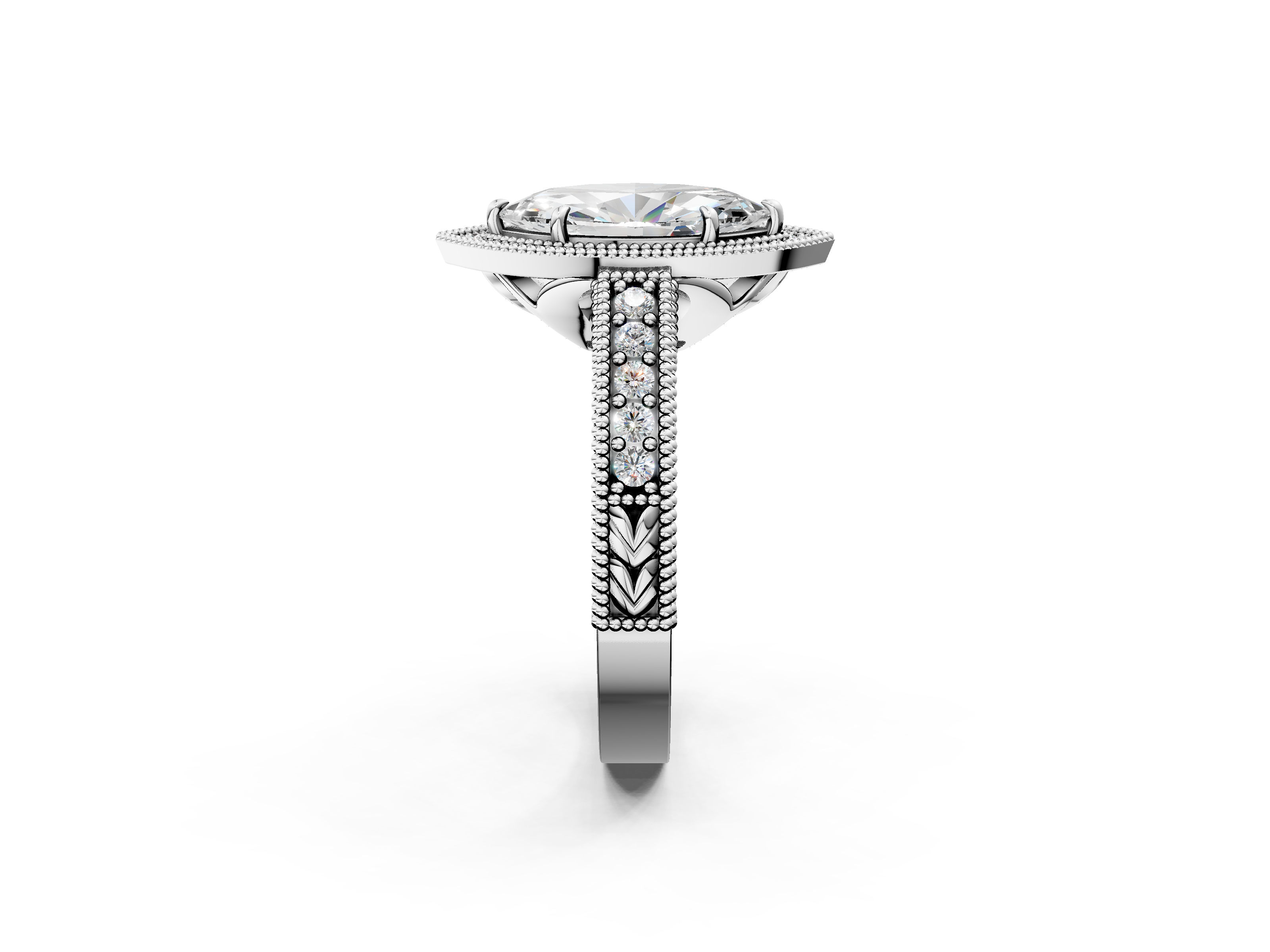 White gold Marquise Cut Halo Diamond Ring with Pavé Band and Four-Prong Setting_64