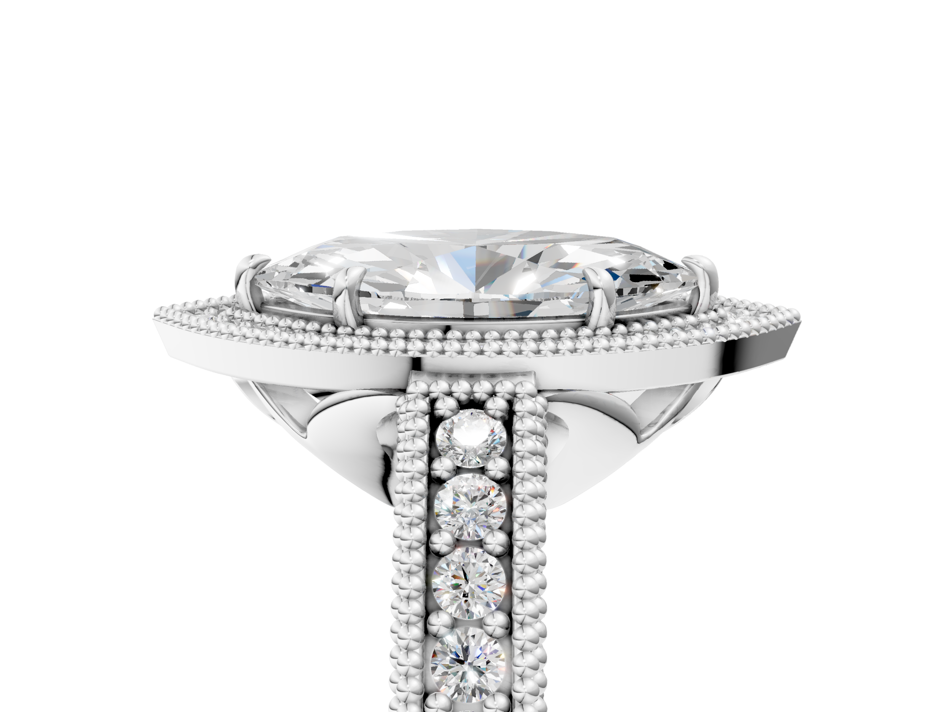 White gold Marquise Cut Halo Diamond Ring with Pavé Band and Four-Prong Setting_67