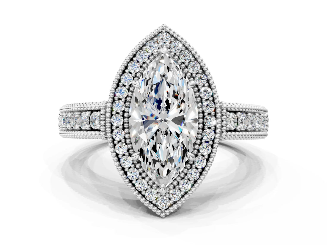 White gold Marquise Cut Halo Diamond Ring with Pavé Band and Four-Prong Setting_91