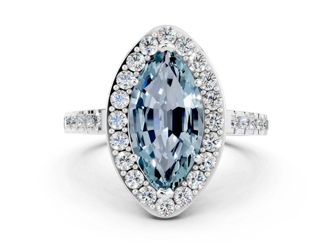 White gold Marquise Cut Halo Diamond Ring with Pavé Band and Three-Prong Setting