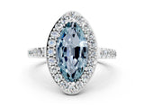 White gold Marquise Cut Halo Diamond Ring with Pavé Band and Three-Prong Setting