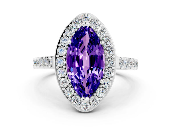 Silver Marquise Cut Tanzanite Halo Ring with Round Pavé Split Shank and Prong Setting