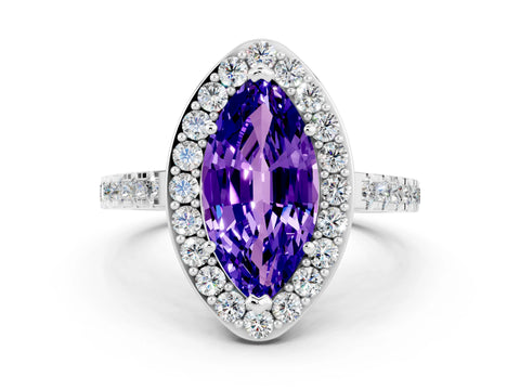 White gold Marquise Cut Halo Diamond Ring with Pavé Band and Three-Prong Setting