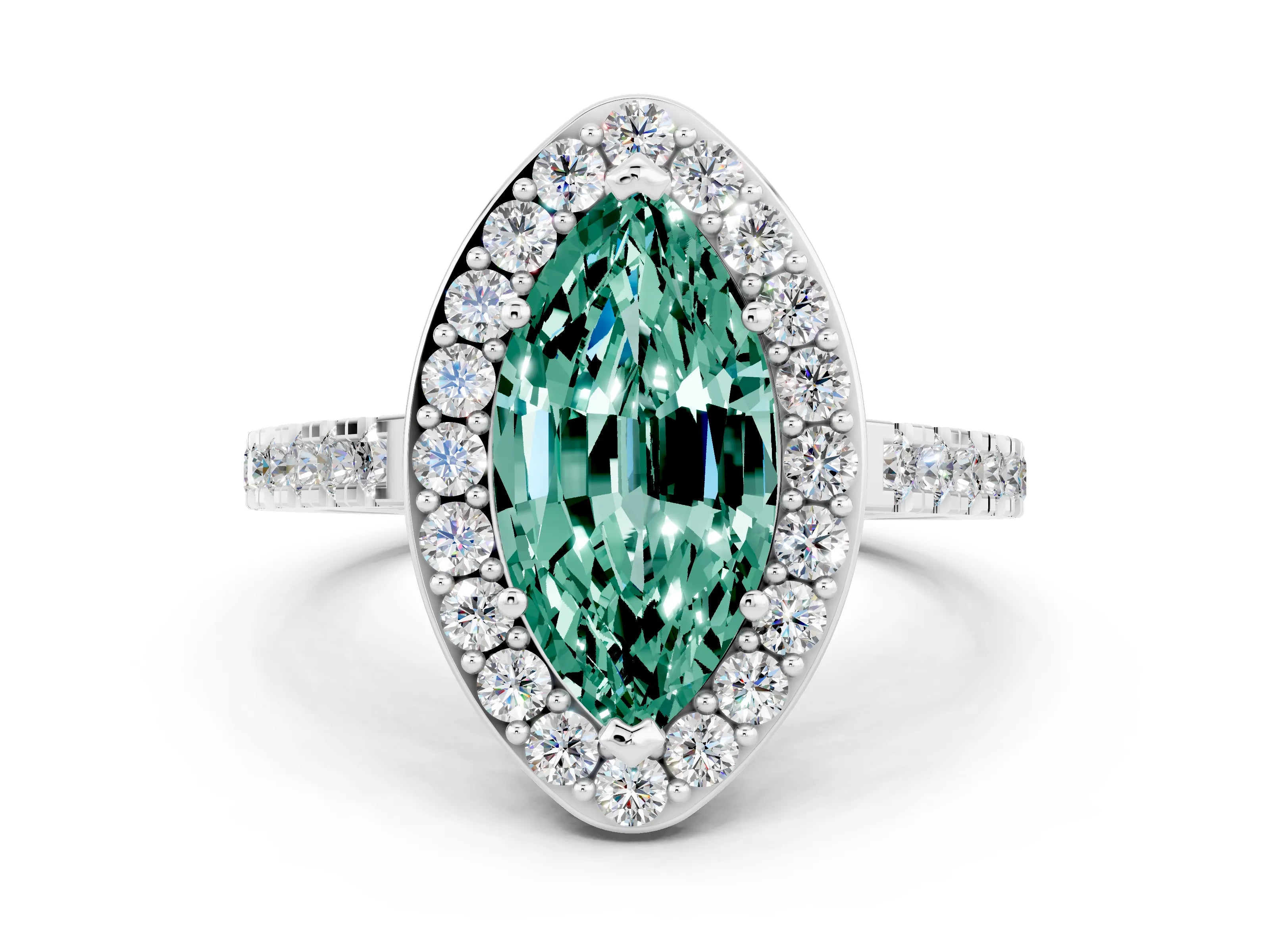 White gold Marquise Cut Halo Diamond Ring with Pavé Band and Three-Prong Setting