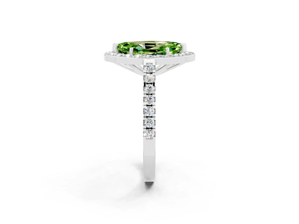 Silver Marquise Cut Halo Diamond Ring with Pavé Band and Three-Prong Setting