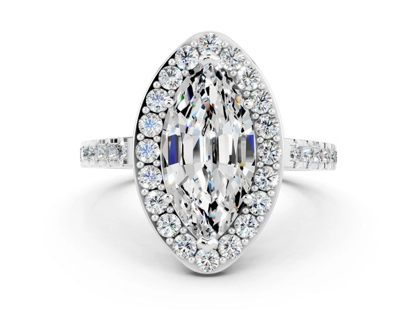 Silver Marquise Cut Moissanite Halo Ring with Round Pavé Split Shank and Prong Setting