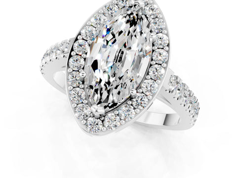 White gold Marquise Cut Halo Diamond Ring with Pavé Band and Three-Prong Setting_11