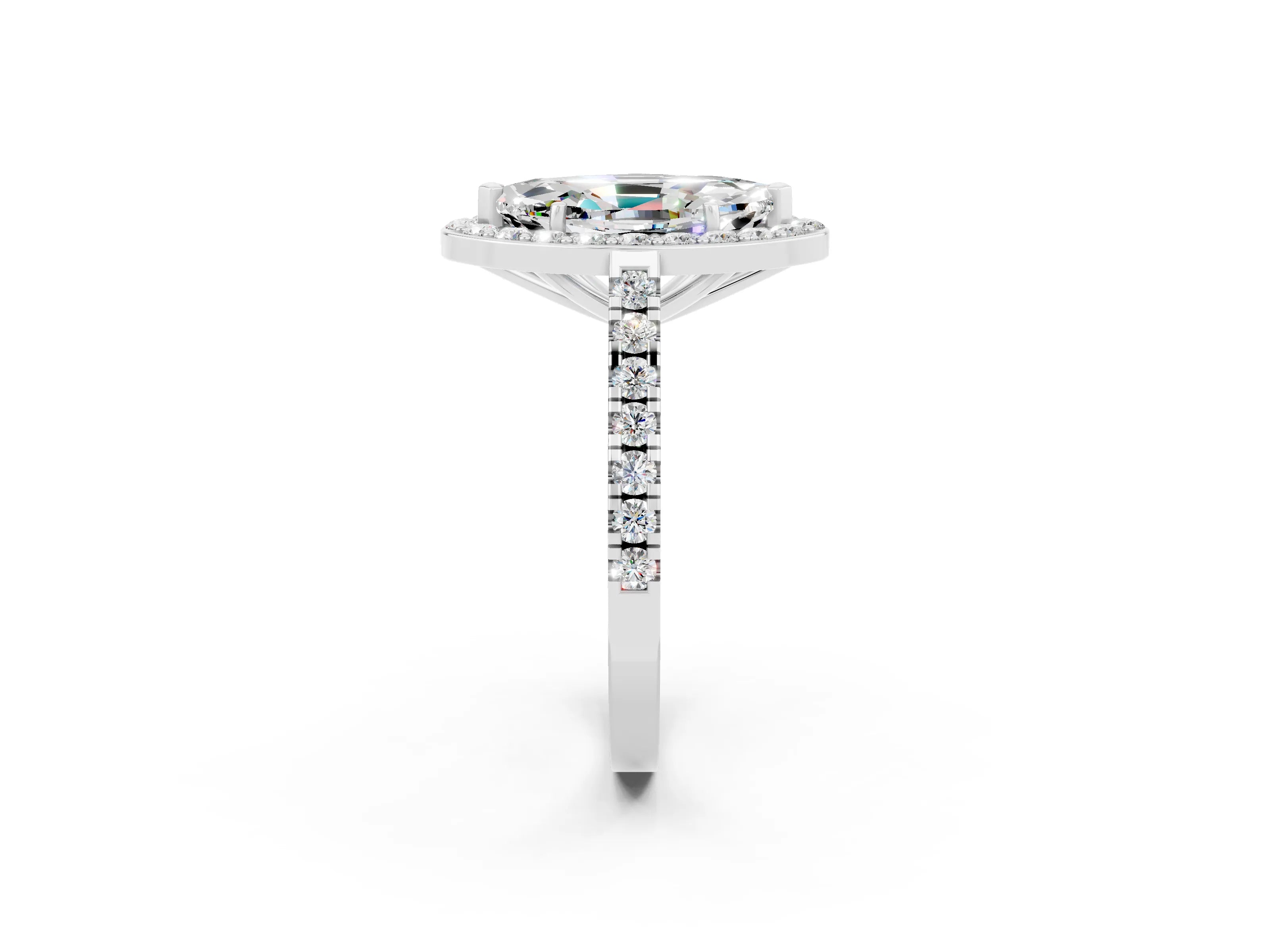 White gold Marquise Cut Halo Diamond Ring with Pavé Band and Three-Prong Setting_12