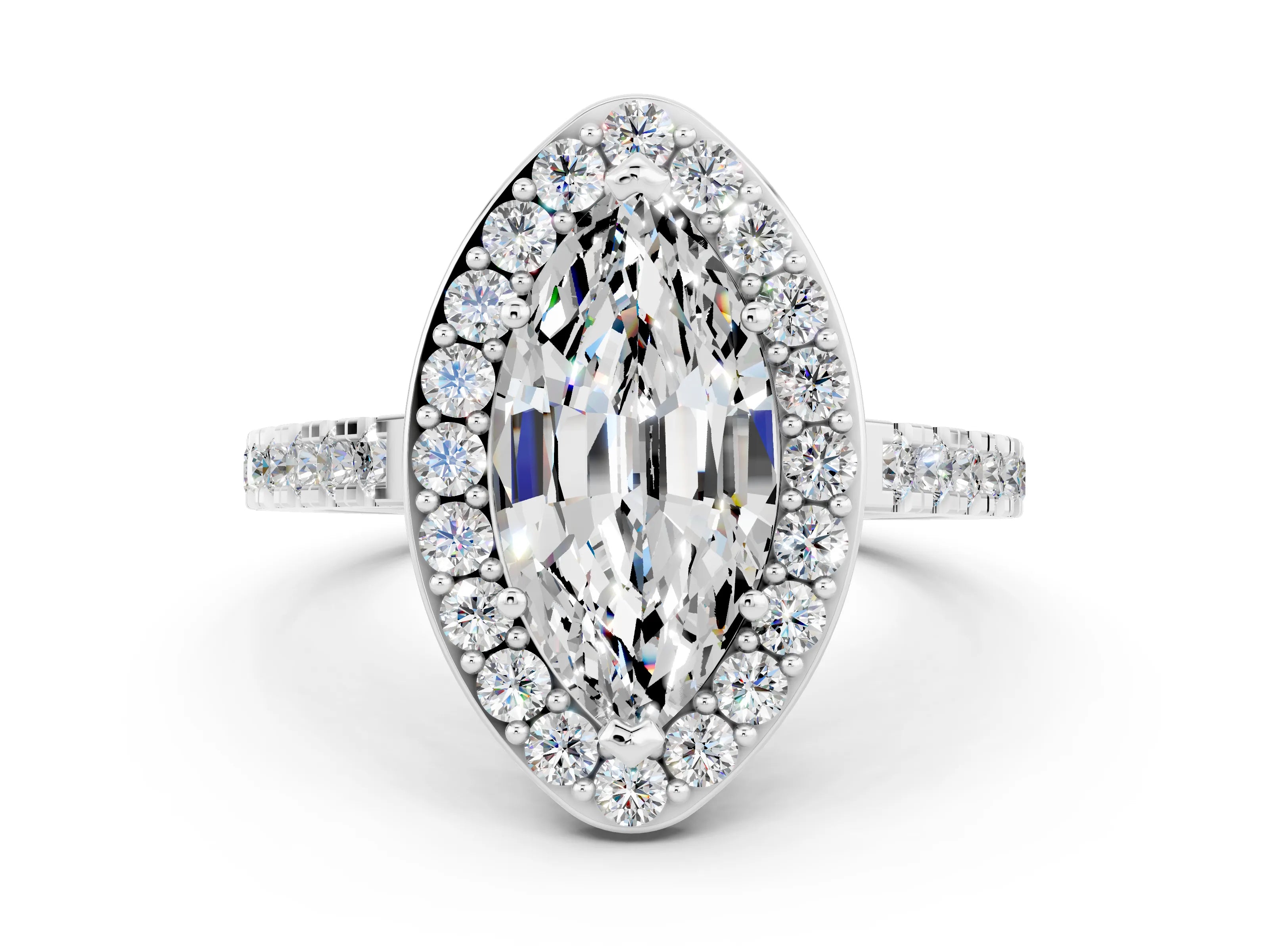 White gold Marquise Cut Halo Diamond Ring with Pavé Band and Three-Prong Setting_12