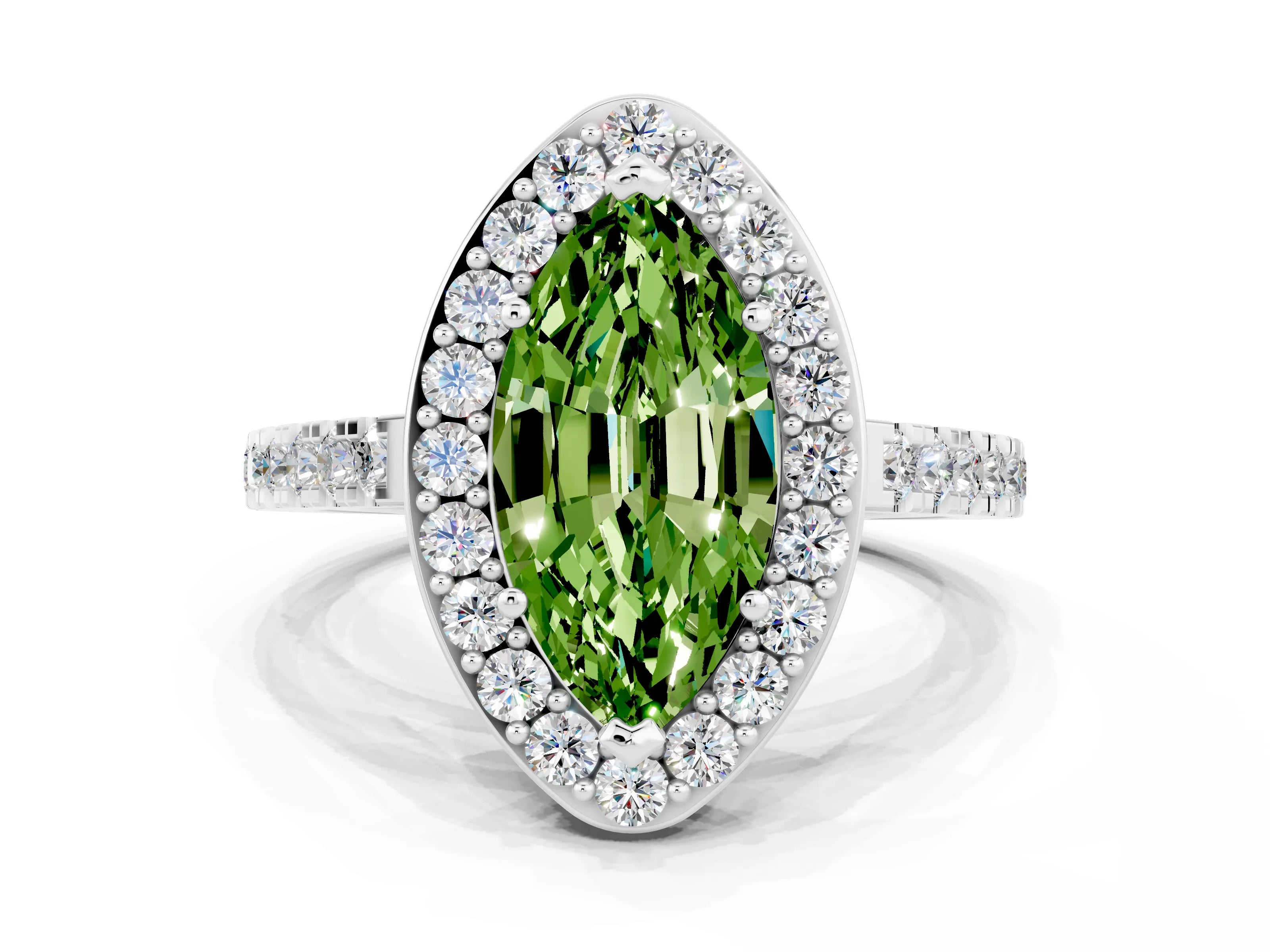 White gold Marquise Cut Halo Diamond Ring with Pavé Band and Three-Prong Setting_12