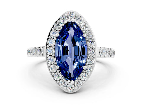 White gold Marquise Cut Halo Diamond Ring with Pavé Band and Three-Prong Setting_12