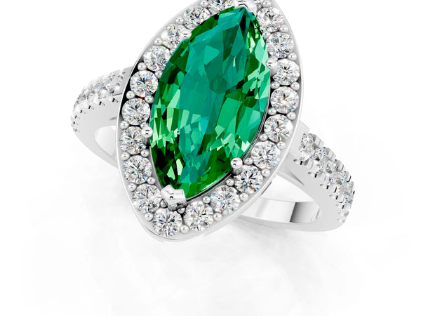 Platinum Marquise Cut Emerald Halo Ring with Round Pavé Split Shank and Prong Setting