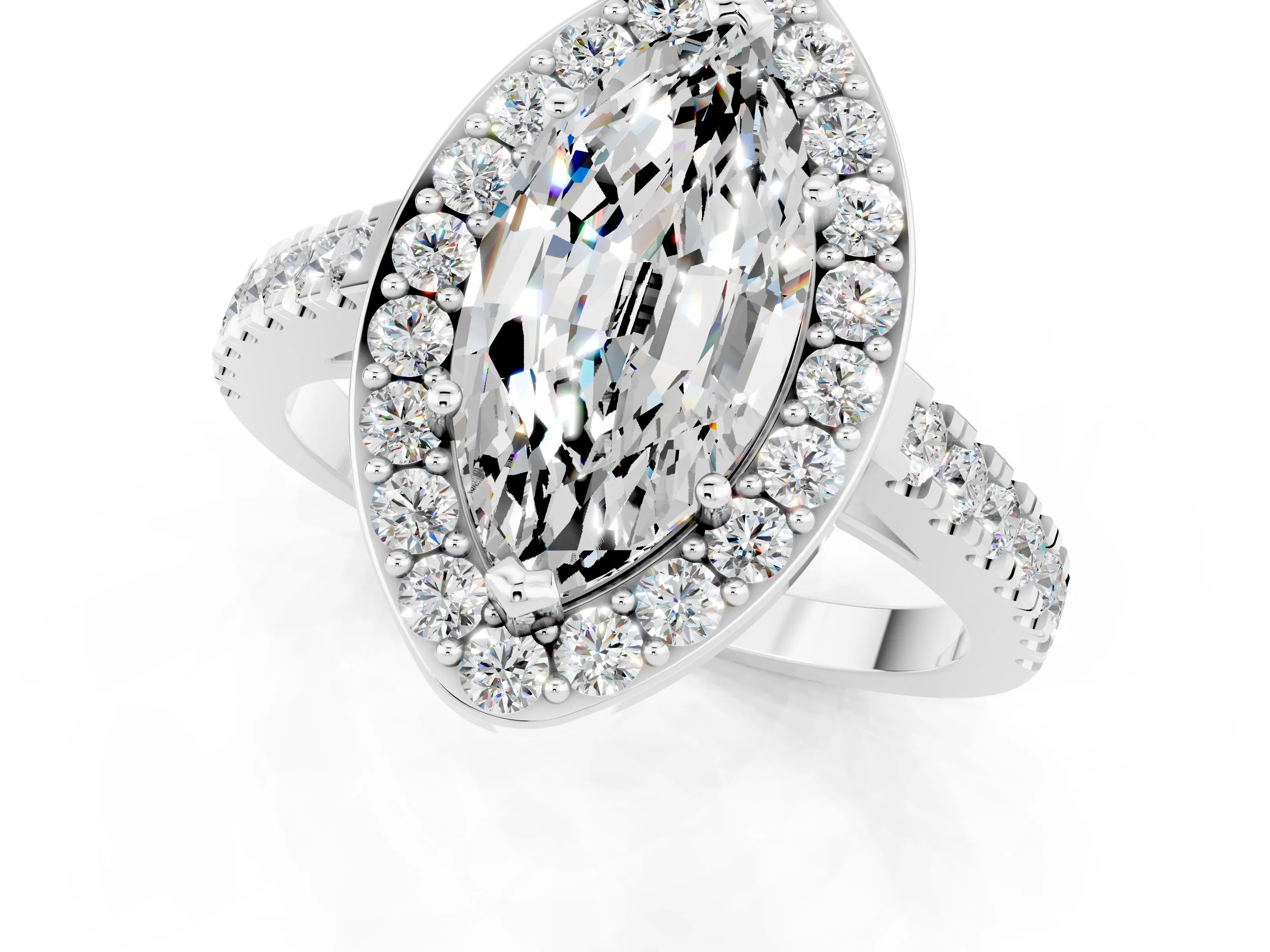 White gold Marquise Cut Halo Diamond Ring with Pavé Band and Three-Prong Setting_13