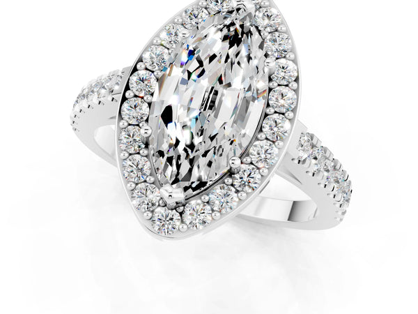 Platinum Marquise Cut Moissanite Halo Ring with Round Pavé Split Shank and Prong Setting