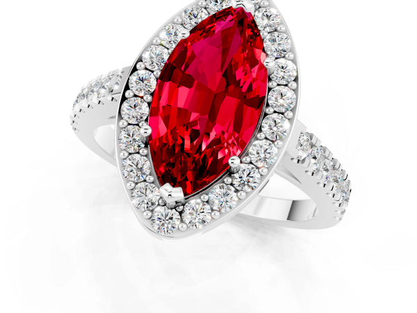 Platinum Marquise Cut Ruby Halo Ring with Round Pavé Split Shank and Prong Setting