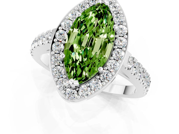Platinum Marquise Cut Halo Diamond Ring with Pavé Band and Three-Prong Setting
