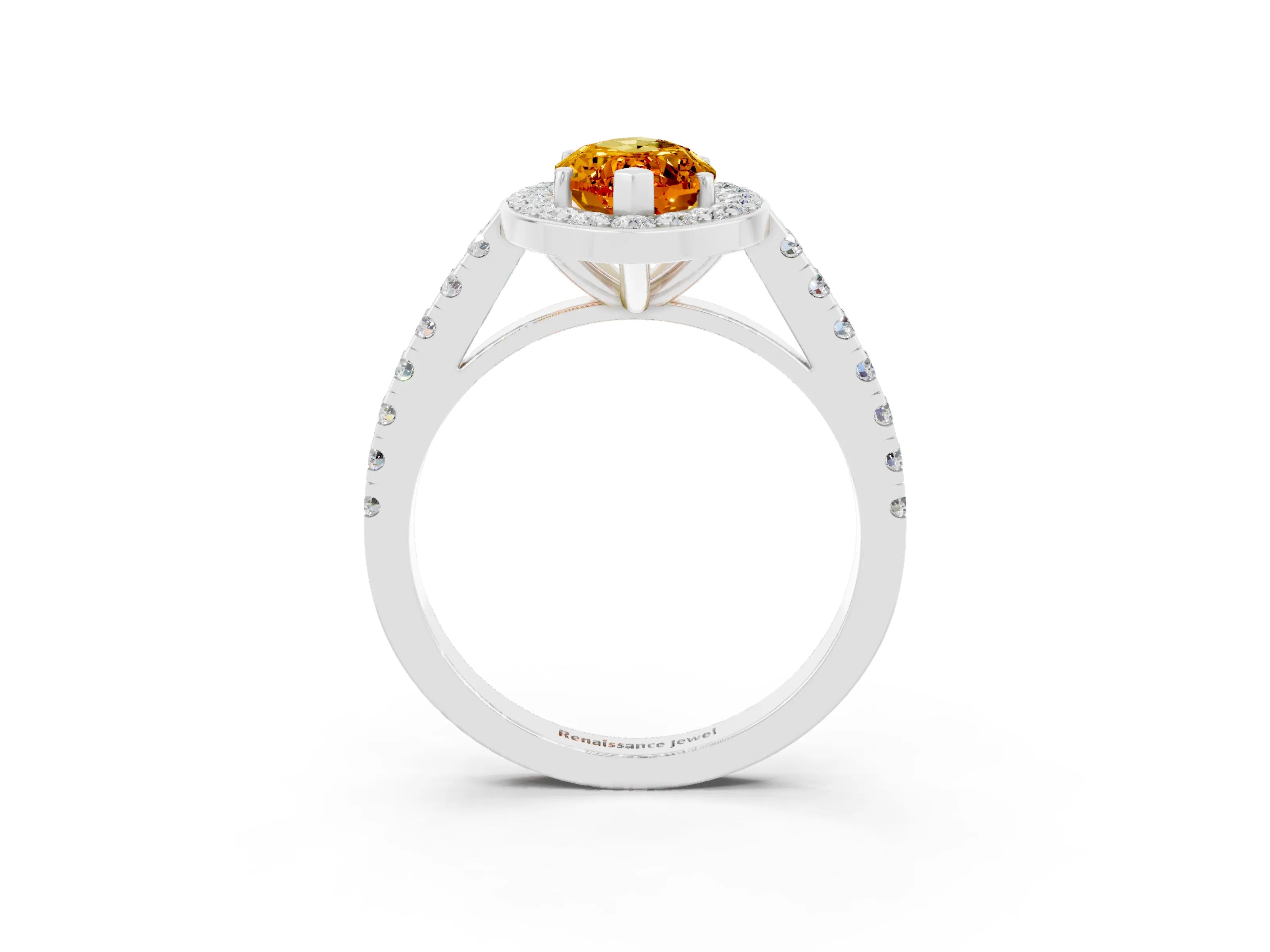 White gold Marquise Cut Halo Diamond Ring with Pavé Band and Three-Prong Setting_15