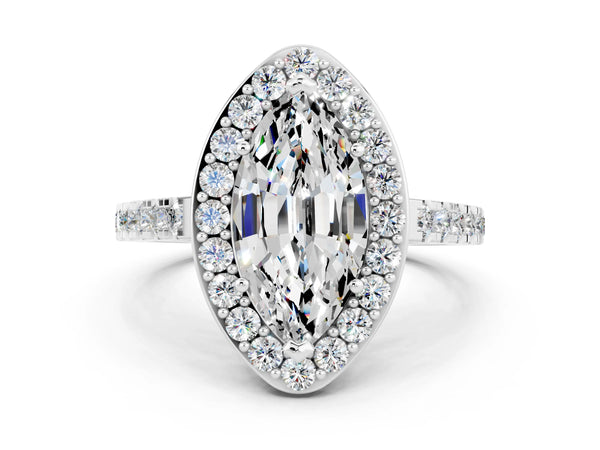 White gold Marquise Cut Moissanite Halo Ring with Round Pavé Split Shank and Prong Setting