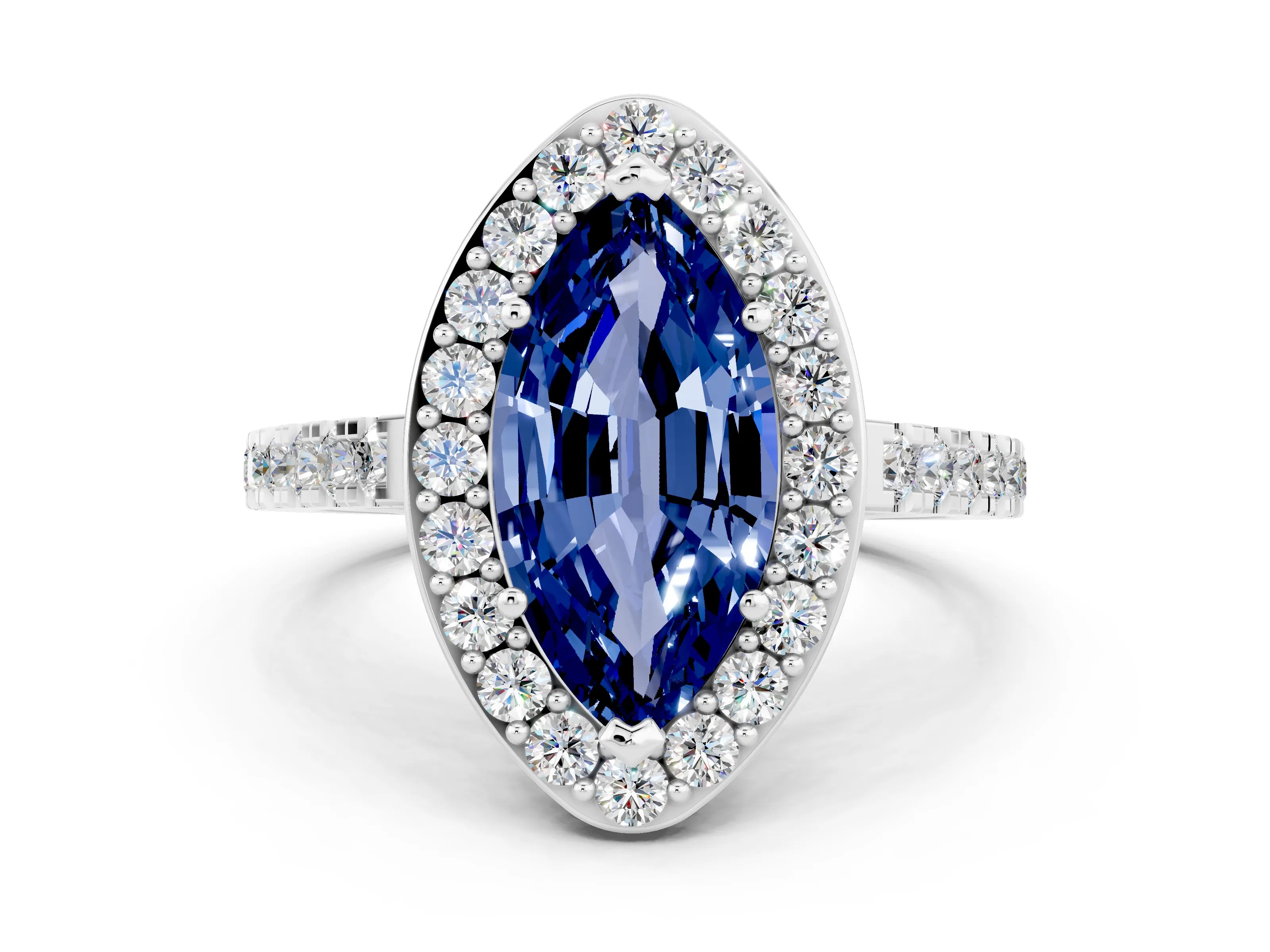 White gold Marquise Cut Halo Diamond Ring with Pavé Band and Three-Prong Setting_18