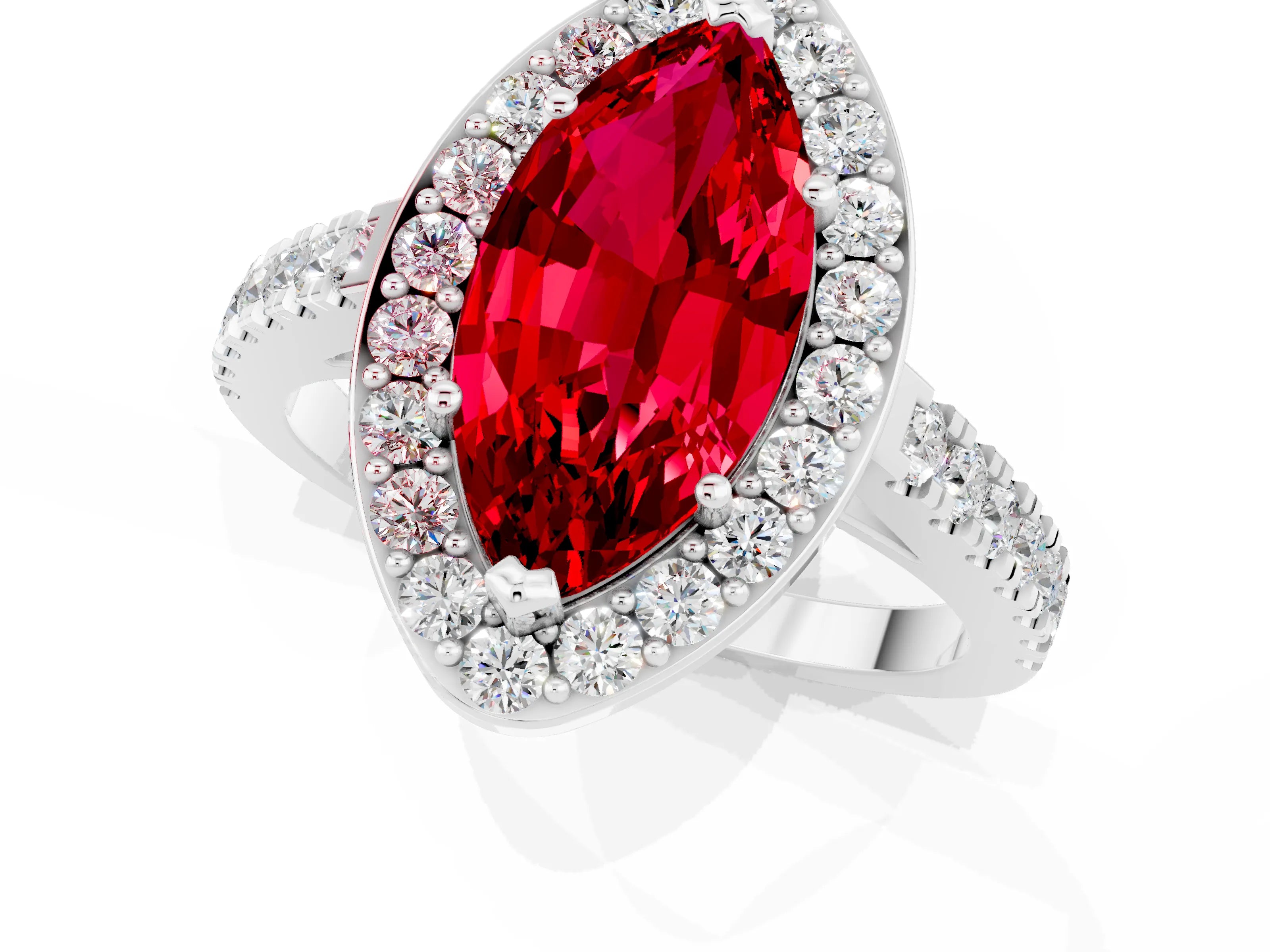 White gold Marquise Cut Halo Diamond Ring with Pavé Band and Three-Prong Setting_19