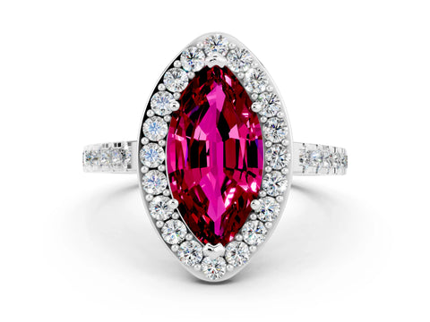 White gold Marquise Cut Halo Diamond Ring with Pavé Band and Three-Prong Setting