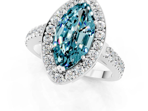 White gold Marquise Cut Halo Diamond Ring with Pavé Band and Three-Prong Setting