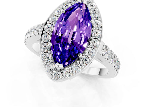 White gold Marquise Cut Halo Diamond Ring with Pavé Band and Three-Prong Setting_1