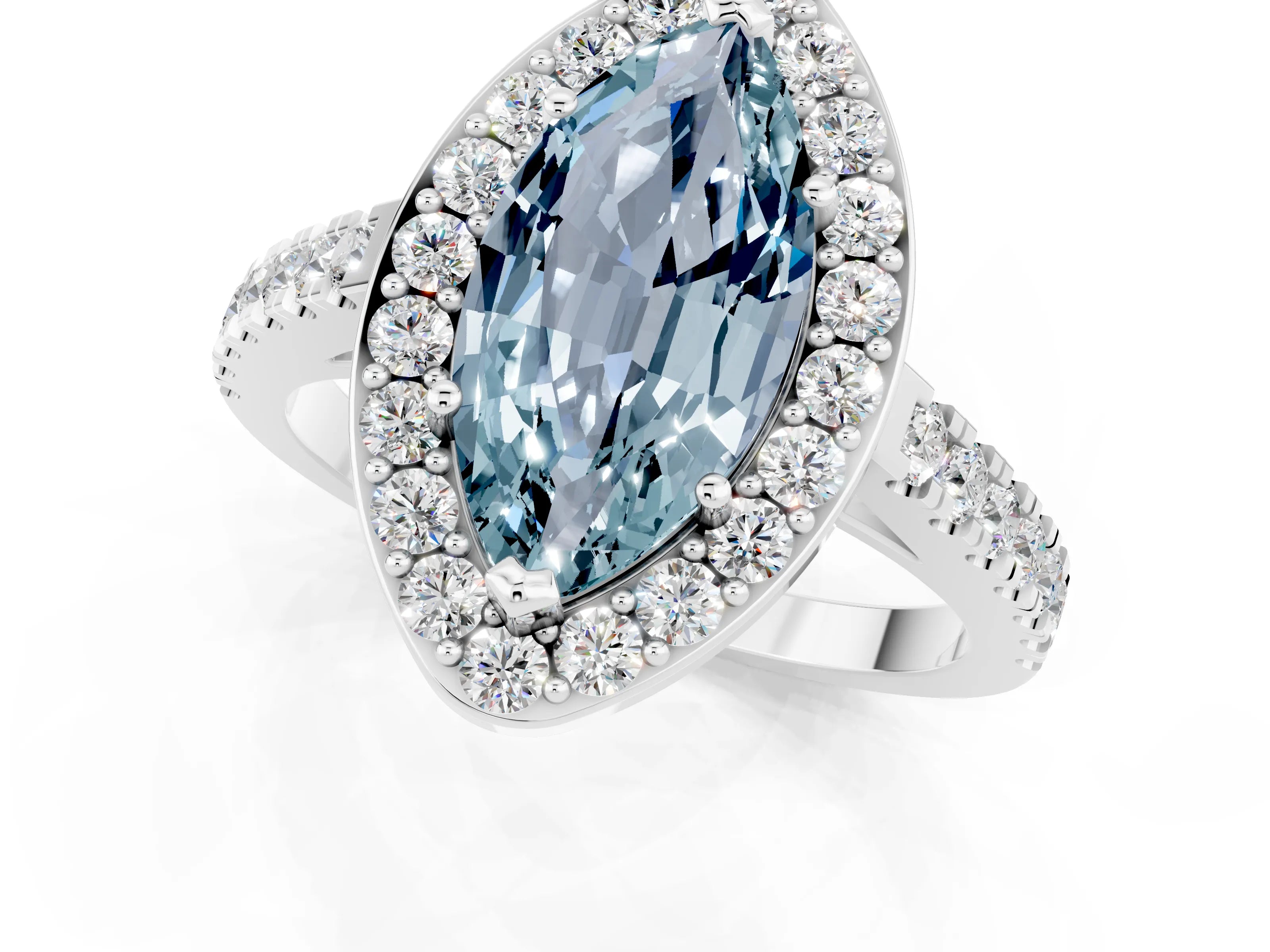 White gold Marquise Cut Halo Diamond Ring with Pavé Band and Three-Prong Setting_1