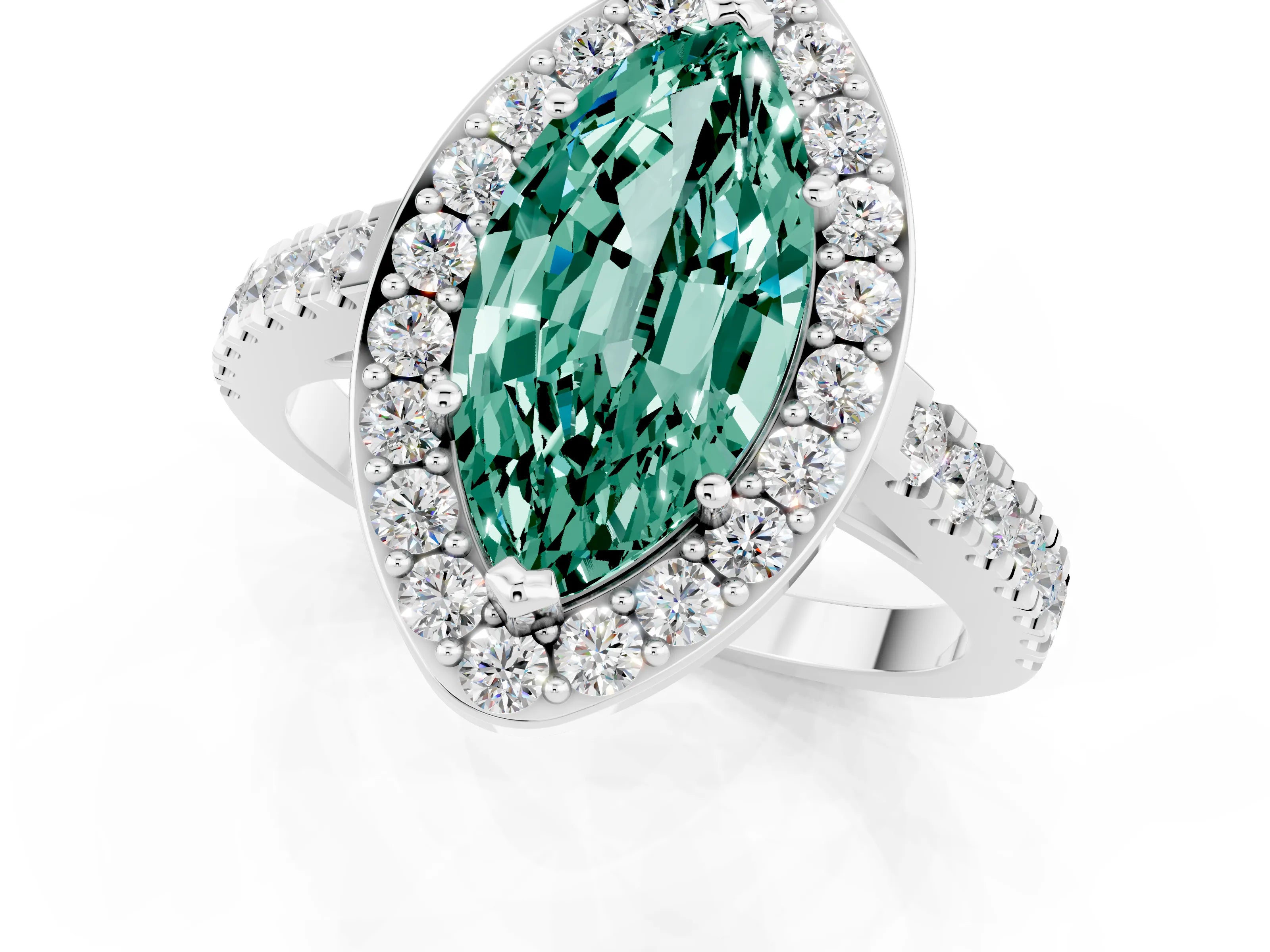 White gold Marquise Cut Halo Diamond Ring with Pavé Band and Three-Prong Setting_1