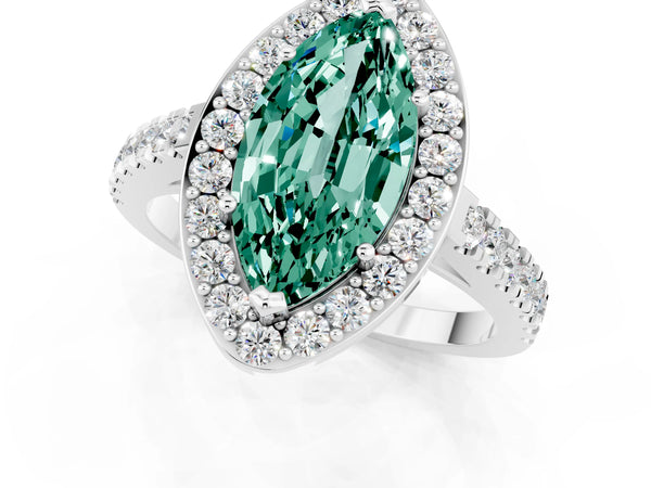 Platinum Marquise Cut Green Sapphire Halo Ring with Round Pavé Split Shank and Prong Setting
