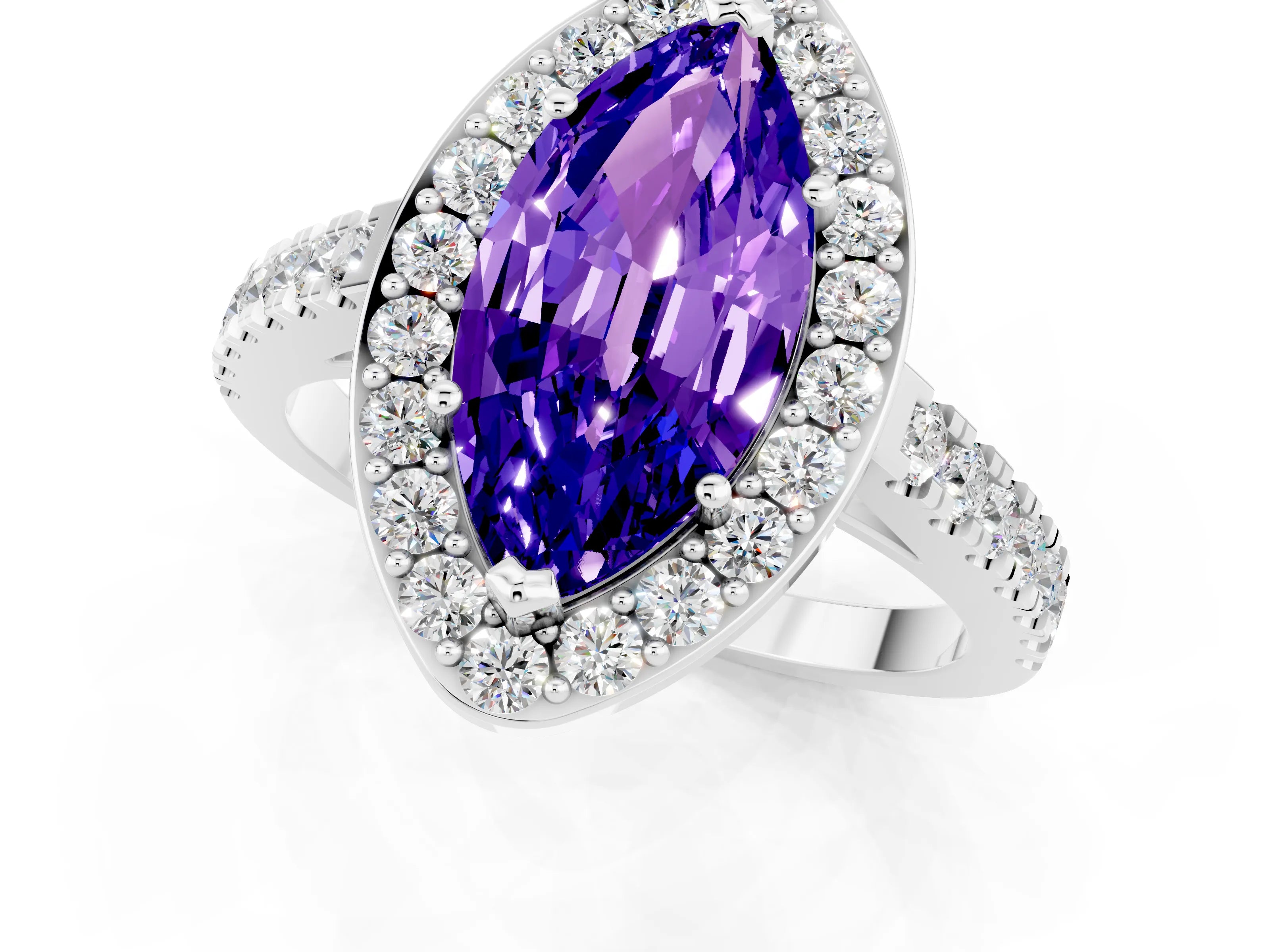 White gold Marquise Cut Halo Diamond Ring with Pavé Band and Three-Prong Setting_1