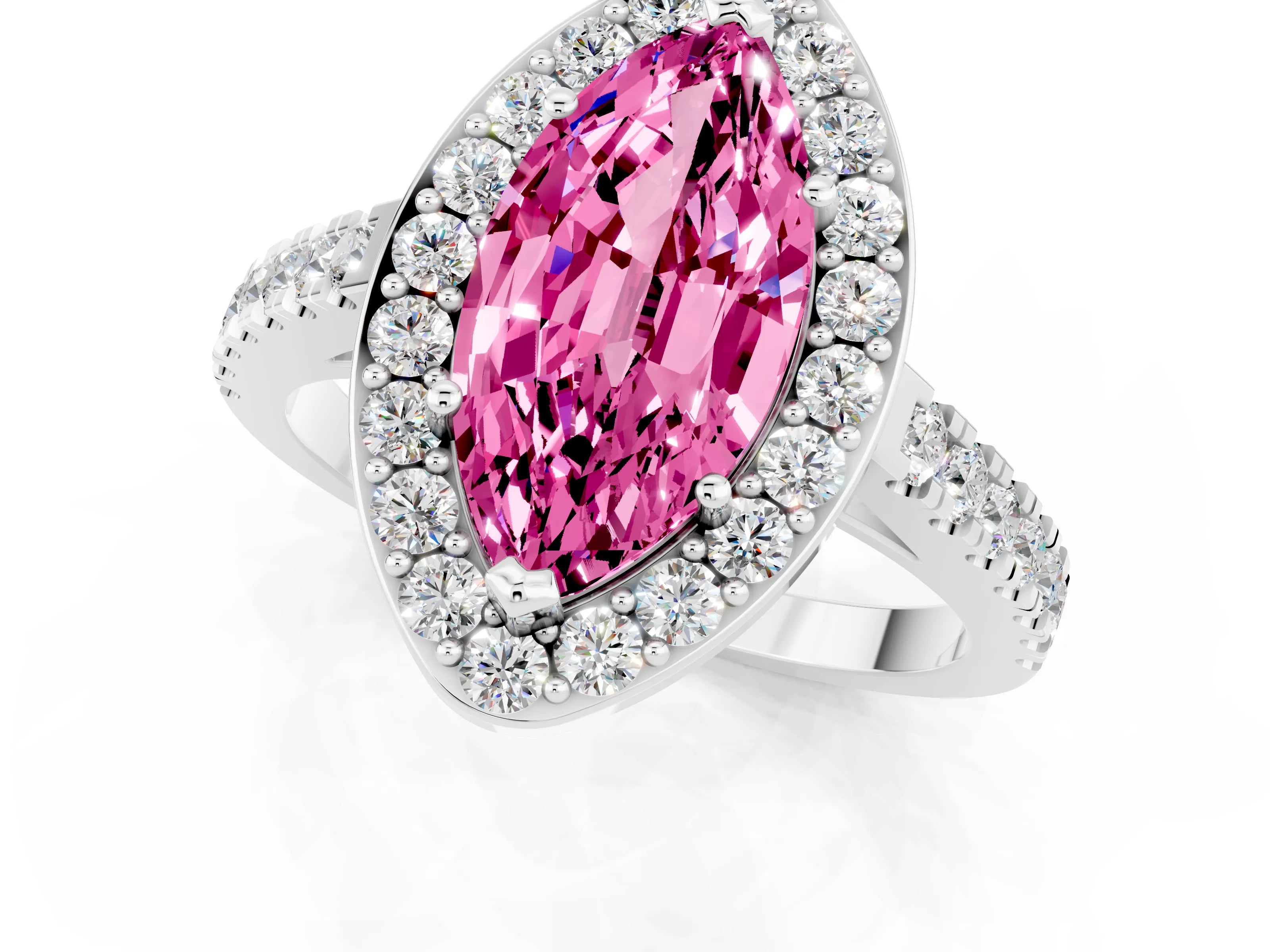 White gold Marquise Cut Halo Diamond Ring with Pavé Band and Three-Prong Setting_1