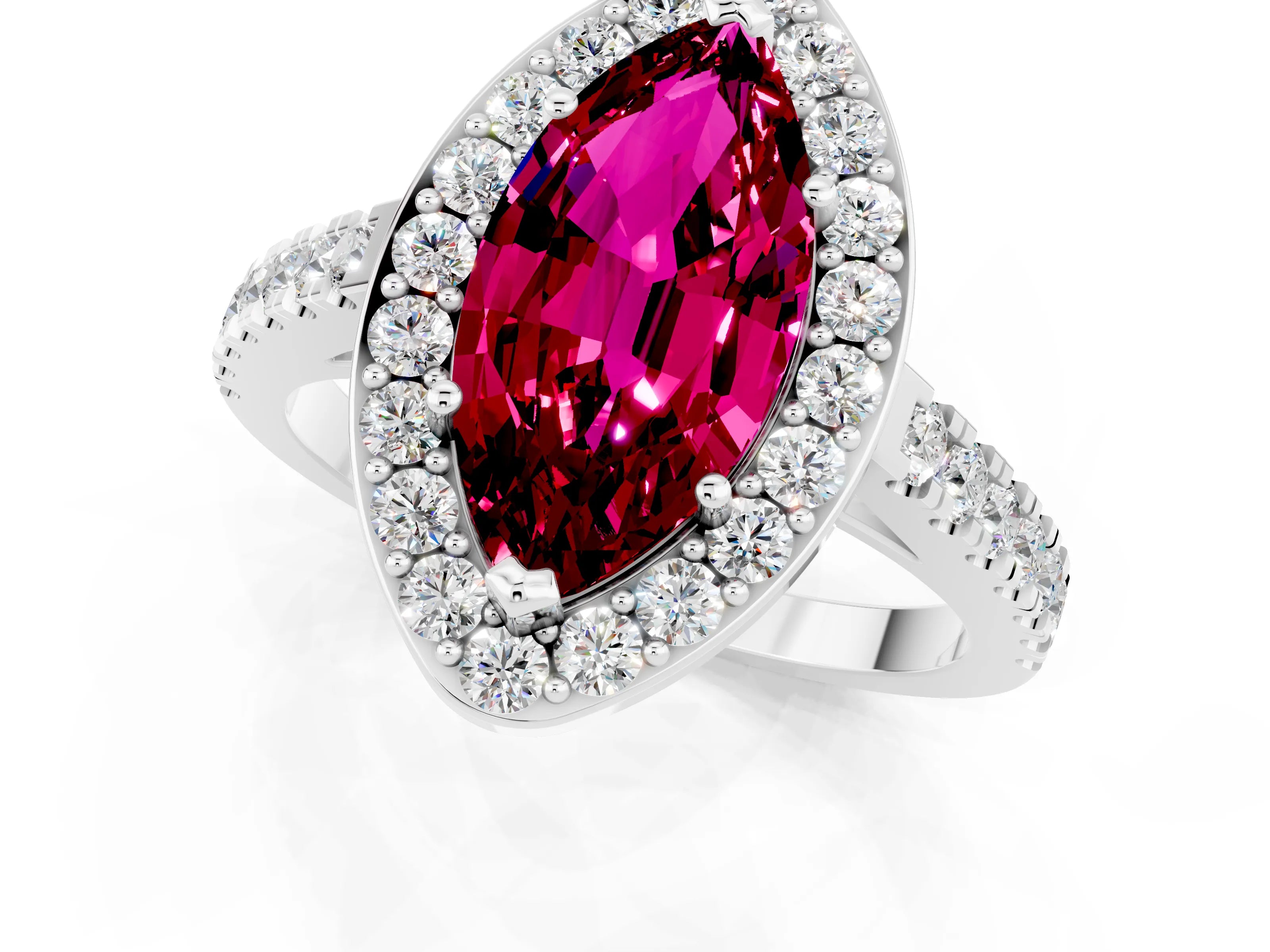 White gold Marquise Cut Halo Diamond Ring with Pavé Band and Three-Prong Setting_1