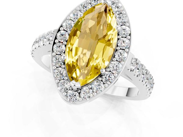 Platinum Marquise Cut Yellow Sapphire Halo Ring with Round Pavé Split Shank and Prong Setting