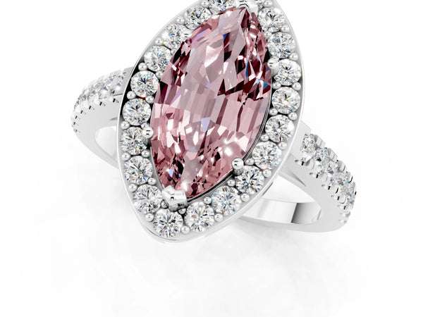 White gold Marquise Cut Halo Diamond Ring with Pavé Band and Three-Prong Setting