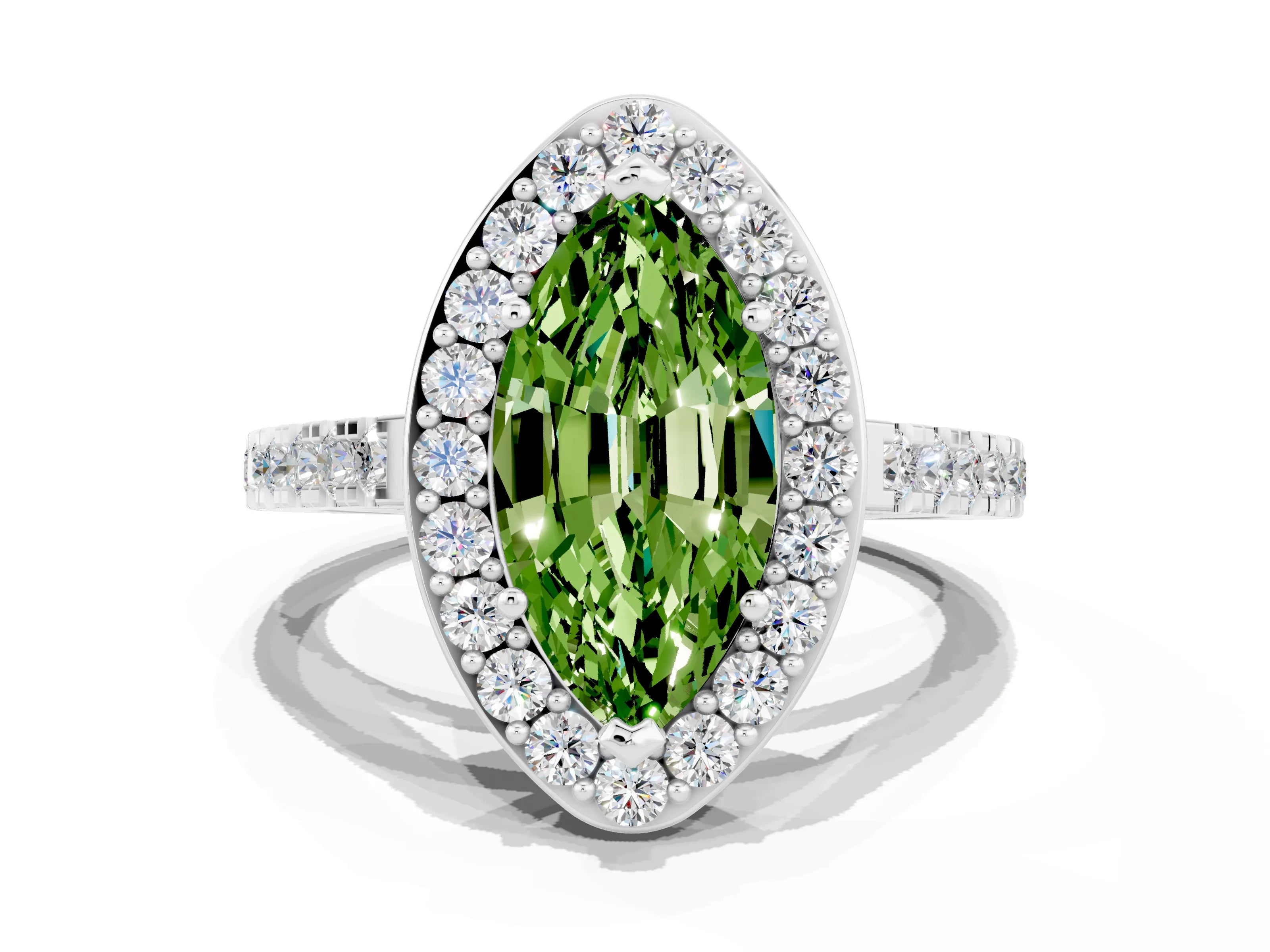 White gold Marquise Cut Halo Diamond Ring with Pavé Band and Three-Prong Setting_20