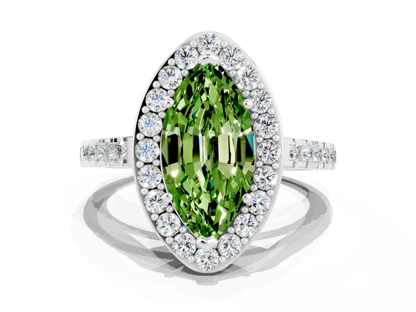 Silver Marquise Cut Halo Diamond Ring with Pavé Band and Three-Prong Setting