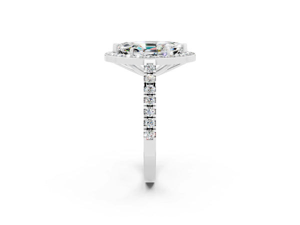 White gold Marquise Cut Moissanite Halo Ring with Round Pavé Split Shank and Prong Setting