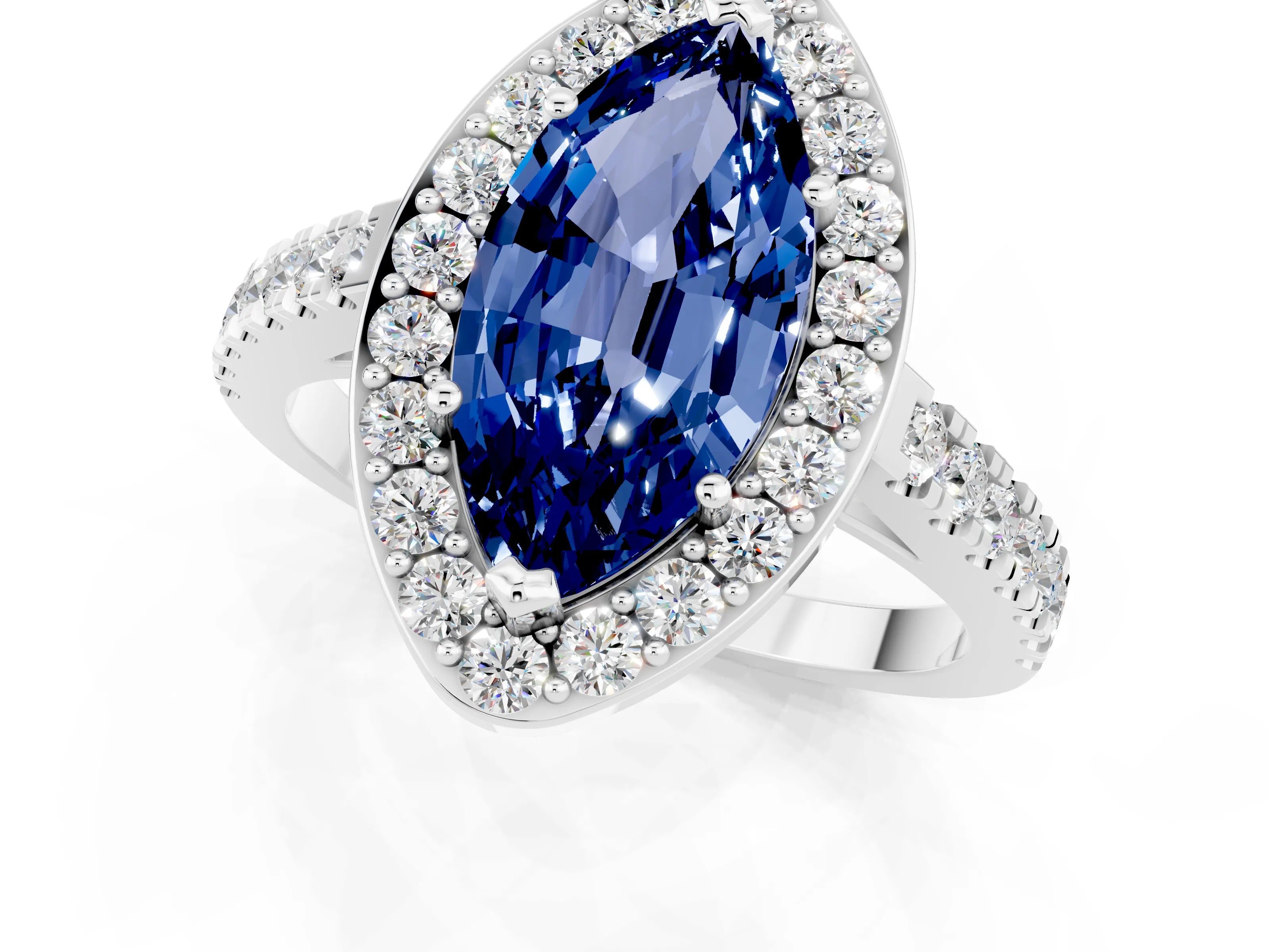 White gold Marquise Cut Halo Diamond Ring with Pavé Band and Three-Prong Setting_22