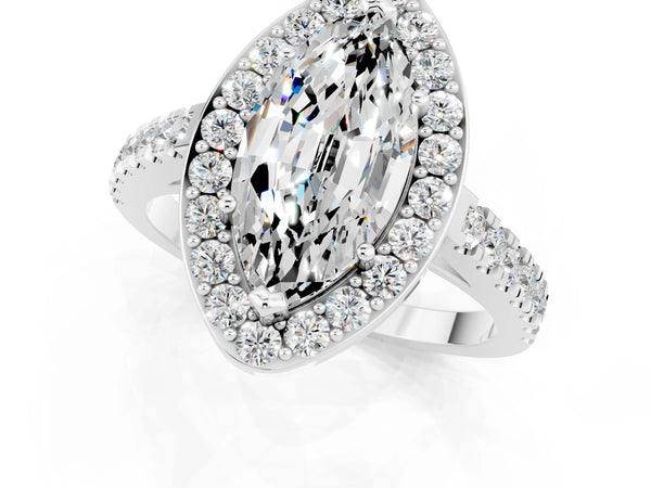 Silver Marquise Cut Moissanite Halo Ring with Round Pavé Split Shank and Prong Setting