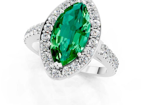 White gold Marquise Cut Halo Diamond Ring with Pavé Band and Three-Prong Setting_23