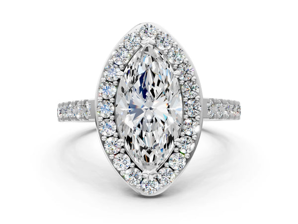 White gold Pear Cut Diamond Halo Ring with Round Pavé Split Shank and Prong Setting